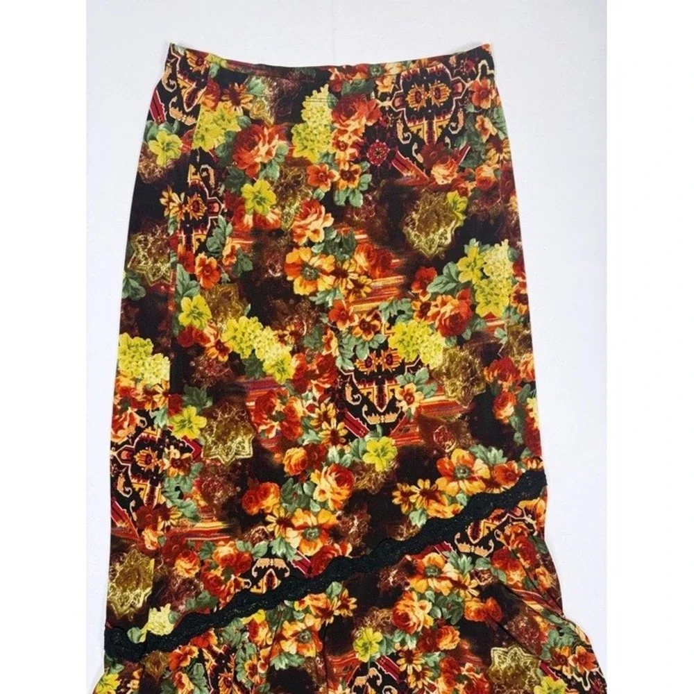 Coldwater Creek Floral Lace Trim Ruffle Maxi Skirt PS Petite Burgundy Gold B9-23